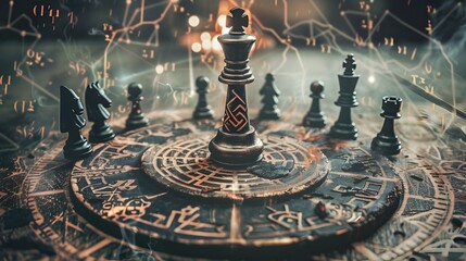 Mystical Chess King Adorned with Runes Surrounded by Ethereal Pawns on Ancient Symbolic Backdrop Representing Occult Leadership and Spiritual Generative ai