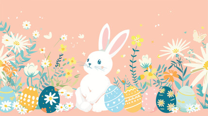 Stand with cute Easter bunny painted eggs and flowers