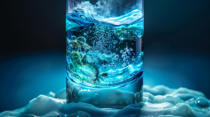a surreal interpretation clear glass vessel, such as a water-filled glass bottle or a transparent tank aboard a spacecraft. 