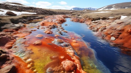 Colorful Mineral-Rich Stream in Mountainous Landscape