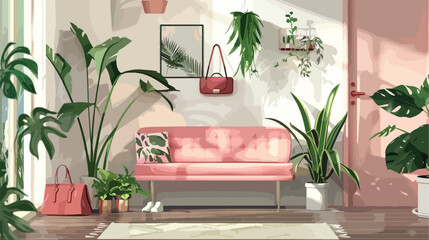 Stand with female accessories sofa and houseplants