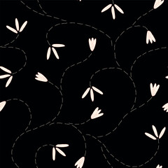 Vector black seamless pattern background: Seedflowers Growing.