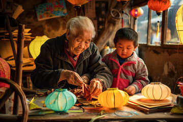Fototapeta premium elderly person, senior citizen, children, crafting, lanterns, multigenerational, family activity, togetherness, bonding, tradition, DIY project, arts and crafts, creativity, learning, handmade