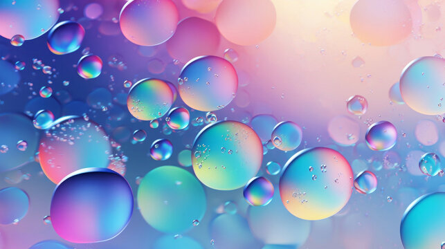 Colorful oil bubbles on water surface with soft iridescent magenta and blue gradient background
