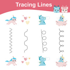 Tracing lines activity for children. Tracing worksheet for kids. Educational printable worksheet. Printable activity page for kids