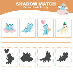 Cut the image in each box and glue it on each shadow. Find the correct shadow. Cut and paste activity for children. Printable activity page for kids