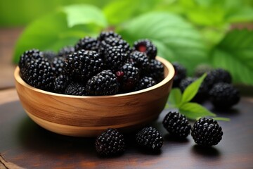 Fresh blackberries in a wooden bowl