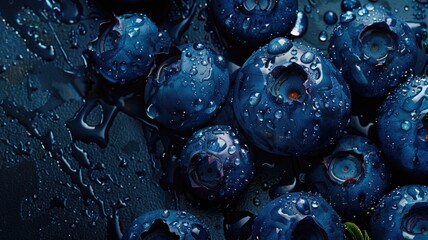 Macro shot of glistening blueberries covered in droplets on black.