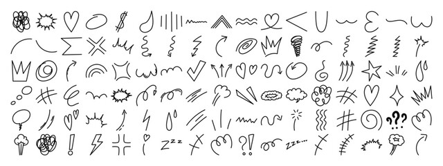 Hand drawn anime emotion effect set. Manga collection of arrows, sparkles, expression signs. Vector illustration