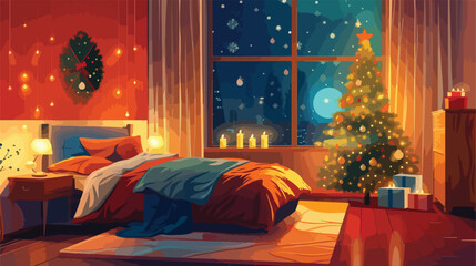 Stylish interior of bedroom with beautiful Christmas