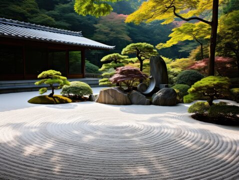Serene Japanese garden with bonsai trees and rock formations