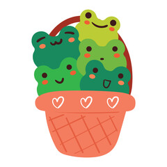 hand drawing cute cartoon frog inside a basket. cute animal doodle