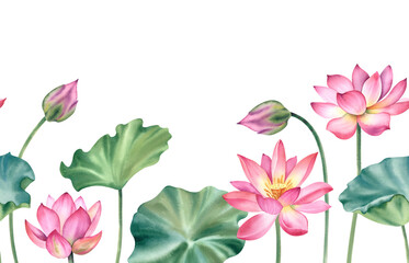 Lotus pink flowers and leaves. Watercolor illustration hand-painted on a white background. Seamless horizontal border. A bundle of water lilies for clipart, spa.