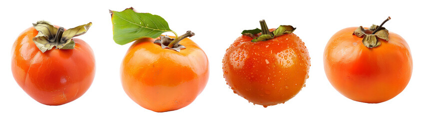 Persimmon fruit isolated on transparent background, PNG set
