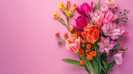 a bouquet of flower on pink background