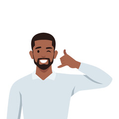 Young man making hand gesture asking to call back. Happy man demonstrate callback sign. Flat vector illustration isolated on white background