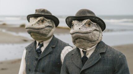 Two lizard men in vintage suits and bowler hats stand on the beach