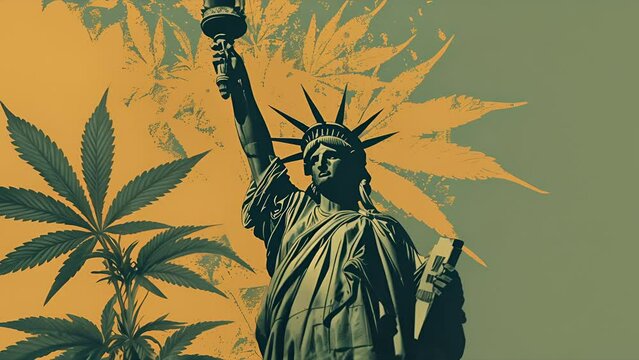 Screen printed illustration of the Statue of Liberty with Marijuana leaves against an orange and green background. Logo for an New York based cannabis products company.