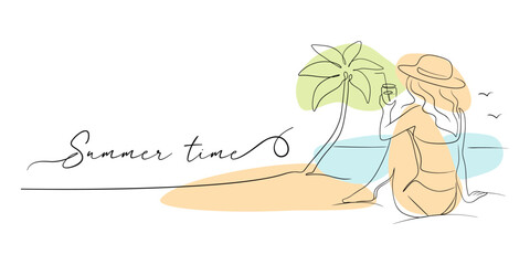 The banner summer time with fashionable girl on the beach and text in line art vector