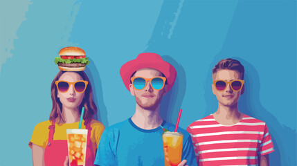 Stylish young people with tasty burger and cold cocktail
