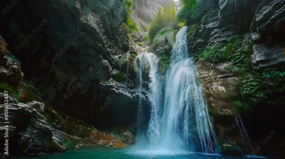 Poster a waterfall cascading down into a large expanse of water, creating a striking visual display of natu
