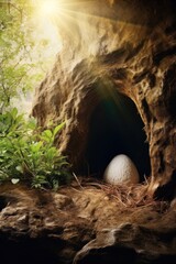 Mysterious cave entrance with a large egg-shaped object
