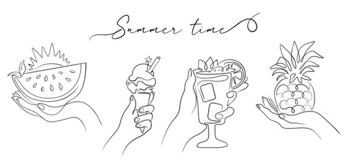 The summer food set in line art vector, hand holding ice cream, cocktail, watermelon, pineapple