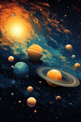 Naklejka premium Vibrant Cosmic Landscape with Planets and Celestial Phenomena