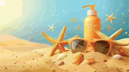 Sunglasses with starfishes and bottle of sunscreen cr