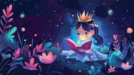 Surprised little princess with books in drawn magic 