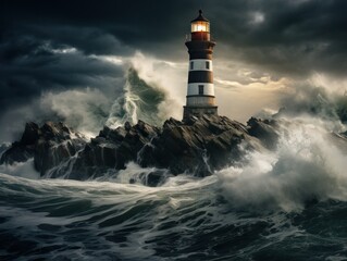 Dramatic Lighthouse in Stormy Seas