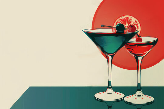 cocktail party background. 4th of July cocktail party invitation, in red, blue and white colors, with space for text, in pop culture style