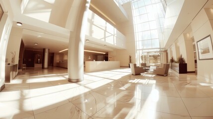 Fisheye Perspective of Sunlit Minimalist Lobby with Neutrals.