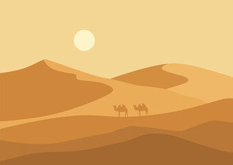 Fototapeta premium Panorama of desert and camels. Vector illustration in flat style.