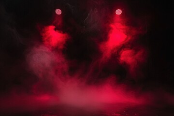 Fototapeta premium Blackstage Mystery: Red Spotlights Pierce Smoke-Filled Darkness