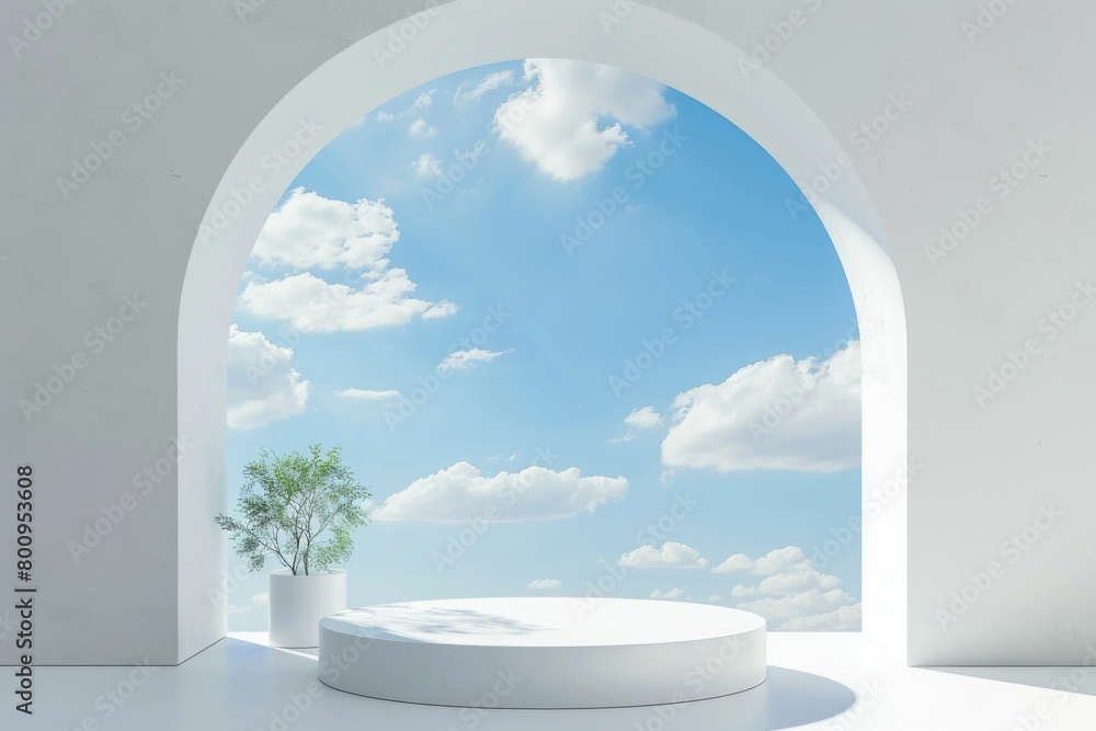 Poster minimalist display podium with skyline arch window. generative ai