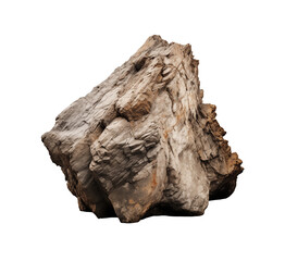 A rugged boulder formation isolated against a transparent background, highlighting the textured layers of rock. Generative AI