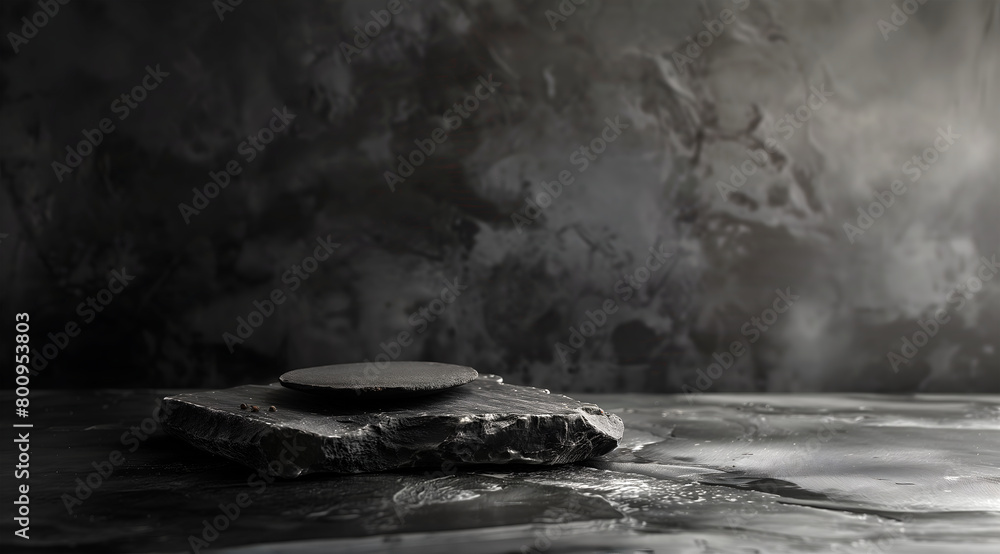 Poster creative minimal concept. rock stone block concrete slab podium on dark background and natural light