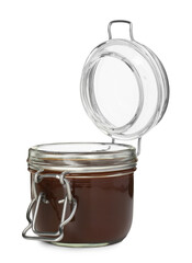 Tasty barbecue sauce in glass jar isolated on white