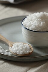 Organic salt in bowl and wooden spoon on table, closeup
