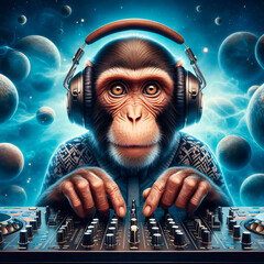 monkey in headphones at the DJ console