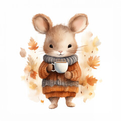 Cute mouse character watercolor clip art illustration isolated on white background. Forest animal with cup of tea and knitted clothes. Cozy autumn fall atmosphere art in warm colors. Children