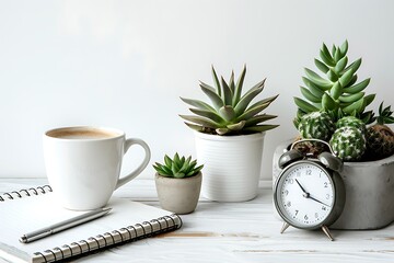 Creative hipster's desk at a white wall. Space for drawing and work. Succulents, a concrete alarm...