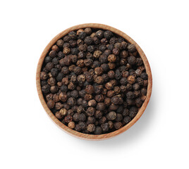 Aromatic spice. Many black peppercorns in bowl isolated on white, top view
