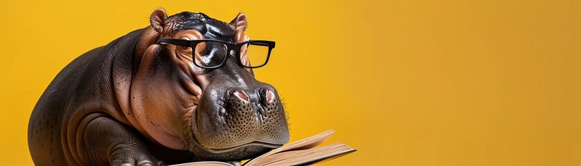 Hippo with glasses reading a book warm light