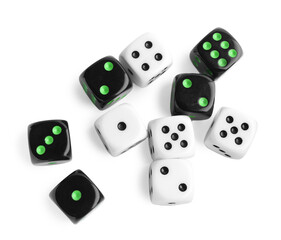 Many color game dices isolated on white, top view