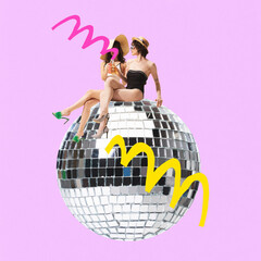 Poster. Contemporary art collage. Two women in swim suits sitting on night ball and drinking refreshing cocktails against lavender background. Concept of parties, fun and joy, holidays, summer.