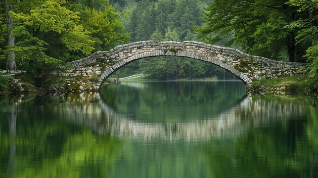 Stone bridge over calm lake lush foliage