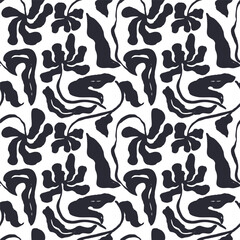 Monochrome black and white brush strokes inky flowers seamless pattern. Abstract floral contemporary background.