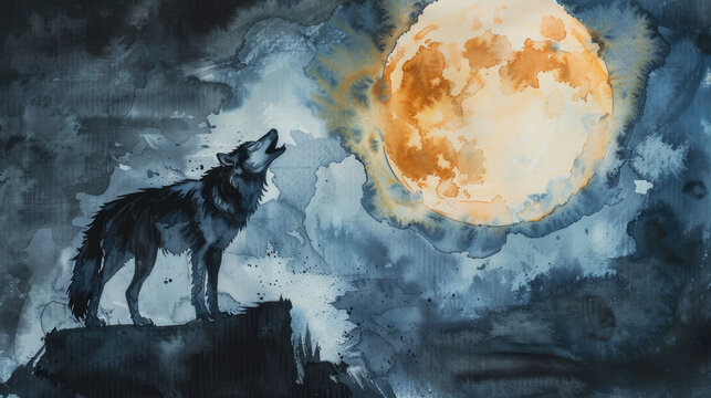 Watercolor painting depicting a wolf howling under a full moon at night